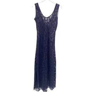 VICTORIAS SECRET Gold Label Sheer Lace Floral Gown Size M Navy Blue Maxi Midi